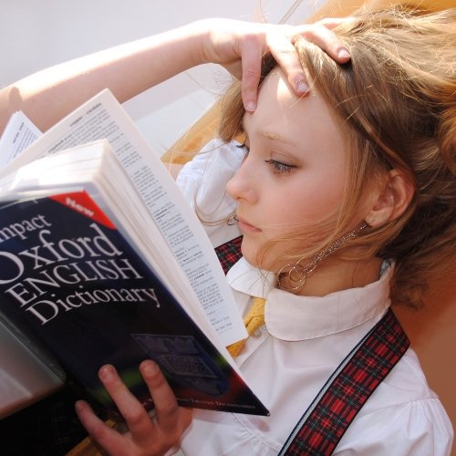 A girl engrossed in a dictionary, expanding her vocabulary.